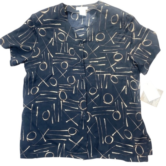 Jones New York 100% Silk Blouse 14P Navy Geometric Print Button Front Petite - Picture 1 of 9